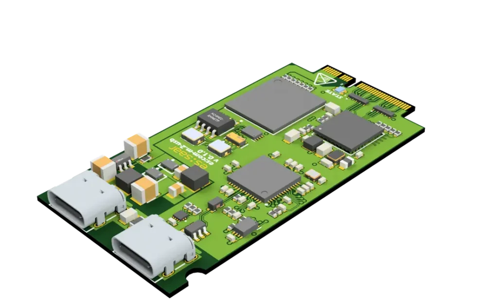 Eine bestückte Leiterplatte (PCB) mit zwei USB C Buchsen
